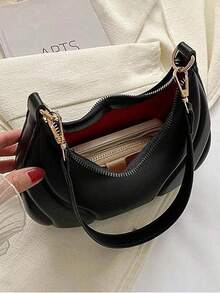 US-Based Fast Delivery | Minimalist Black Curved Hobo Bag - Soft Pu Leather Half-Moon Shoulder Bag With Gold-Tone Hardware, Adjustable Strap Crossbody Purse For Daily Outfits, Sleek Structured Design Elegant Handbag, Versatile Casual & Office Small Bag For Women,  Modern Minimalist Fashion Accessory - 黑色 - 查看 8