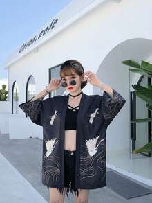 Áo khoác kimono dáng rộng in hình chim hạc kiểu Nhật cổ điển, nhẹ nhàng, đa năng, thích hợp mặc mùa xuân/hè. - màu đen - Xem 6