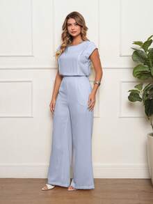 ALETHEIA - Elegant Women's Long Jumpsuit In Dunas Fabric, Wide-Leg Style, Lightweight Drape - Women's Summer Party Jumpsuits - 淺藍色 - 查看 2