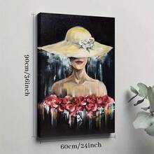 2D Flat Printing, 1pc, A Figure (With Visible Lips) Wears A Large Light Hat With White Flowers, With Red Roses Around The Torso And Paint Drips On A Dark Background, Canvas Wall Art For Living Room, Bathroom Wall Art Bedroom Framed Wall Art Poster Art Prints Ready To Hang Pictures Home Decorations Wall Decor For Office - 彩色 - 查看 11