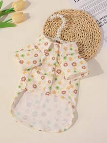 1件柔软可爱的宠物狗服装，舒适的拉绒设计，撞色花卉印花，创意短袖衬衫，适合幼犬/小型犬，四季皆宜。 - 米色 - 查看 9