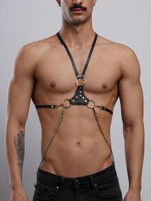 Correa de pecho de estilo gótico retro punk de cuero sintético con cadena para hombres de moda, adecuada para uso diario, actuaciones en bares, fiestas y discotecas, que muestra estilo - Negro - Ver 4