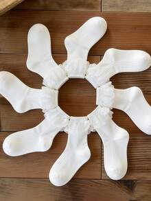 6双装夏季女婴腿套 - 优雅蕾丝荷叶边饰，罗纹针织纹理，纯白色设计，透气弹力贴合，女童休闲腿套套装 - 白色 - 查看 4