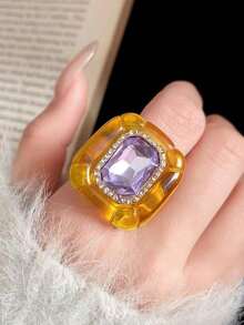 1枚复古树脂方形宽戒圈，镶嵌彩色水晶水钻 - 彩色 - 查看 4