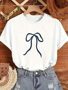 大码女式日常蝴蝶结图案圆领短袖休闲春夏秋季大码T恤，情人节/返校季印花T恤，女士情人节穿搭，女士度假穿搭，情人节，夏季，女士夏季穿搭，女士穿搭，春夏过渡，女士夜店穿搭，女士上衣，情人节穿搭，夏季上衣