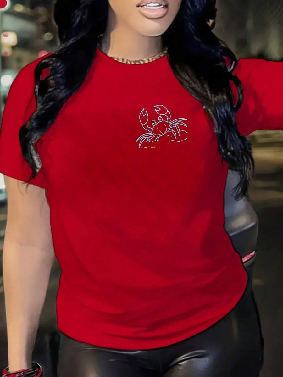 Double-Sided Printing, Ladies' T-Shirts, Ladies' -Blend T-Shirts, Independence Day, Gifts-Crabby Crab Print T-Shirt - Fun & Quirky Beach-Themed Design For Summer Outfits, Perfect For Vacation Wear And Coastal Lovers - 紅色 - 查看 1