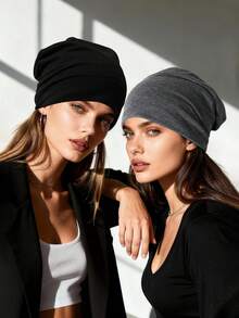 2 buah Topi Beanie Wanita Warna Polos Dua Lapis, Gaya Serbaguna, Topi Tidur Modis & Multifungsi, Musim Panas, Pantai - hitam+abu-abu tua - View 2