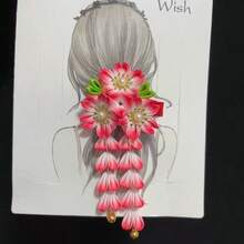1pcs Vintage Floral Tassel Hair Clip - Elegant Pink & White Flower Design, Soft Polyester & Spandex, Secure Clip For Updos, Buns, Ponytails - Chic Retro Hair Accessory For Women - 粉色 - 查看 4
