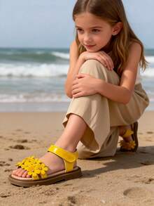 1 Pair Children's 3D Flower PU Leather Lightweight Open-Toe Flat Sandals, Cute Style Suitable For Daily Outings Or Kindergarten Wear - Yellow - View 6