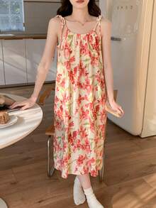 Women's Floral Print Sleeveless Nightgown, Contrast Color Cute Cartoon Casual Nightdress, Suitable For Spring And Summer - Pink - View 5