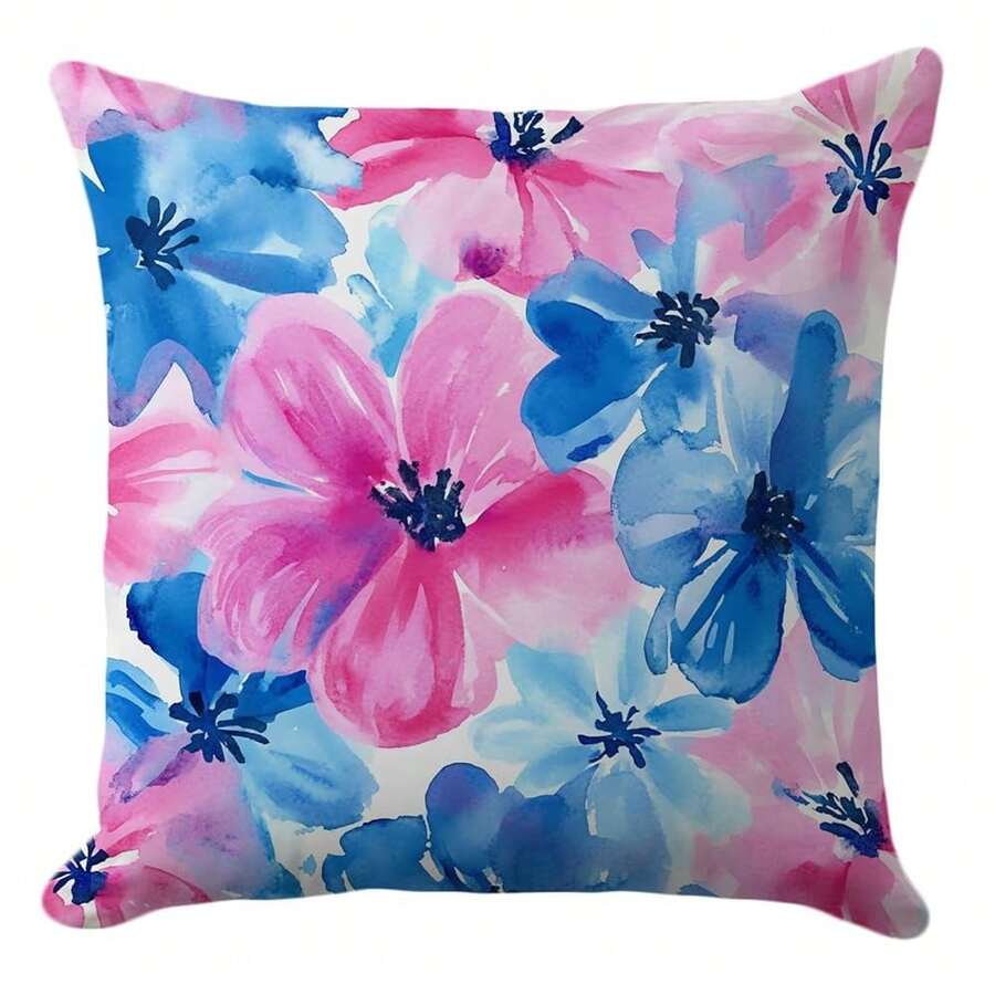 Floral Pillow Cover 18x18 – Watercolor Blue And Pink Flower Throw Pillow Case – Colorful Summer Cushion For Preppy Bedroom, Coastal Living Room Or Outdoor Patio Decor - 藍粉紅色 - 查看 1