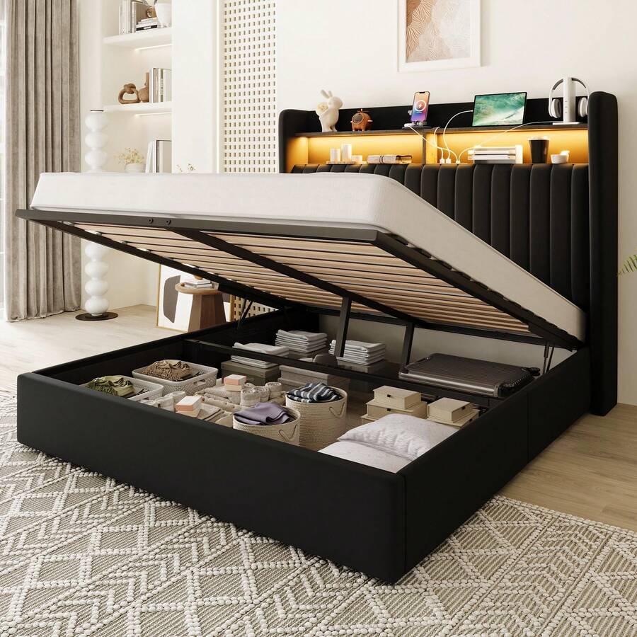 Allewie Full/Queen/King Size Lift Up Hydraulic Storage Bed Frame, 2-Tier Shelf Headboard With LED Lights And Charging Station, USB And Type C Ports, Wingback Velvet Headboard, No Box Spring Needed, Black - 黑色 - 查看 1