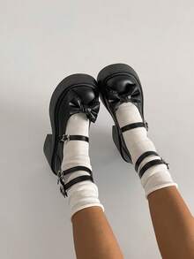 1 par de zapatos con plataforma, decoración de lazo y hebilla de cuero sintético, estilo JK, adecuados para todas las estaciones - Negro - Ver 11
