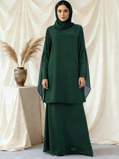 2pcs/Set Malaysian Style Chiffon Qipao Dress With Heavy Beaded Embroidery, Solid Color Women Clothing