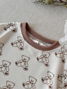 Set de 2 piezas Bebé niño oso impreso camiseta de manga corta de gofre + pantalones cortos, primavera/verano - Albaricoque - Ver 11
