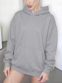 DOUCIU Solid Color Hoodie, Fashionable Sheer Sweatshirt, Casual Streetwear - Light Grey - View 3