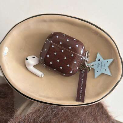 Retro Blue & Brown Polka Dot Star & English Pendant Earphone Case Compatible With AirPods Pro 2, Cute Apple 4 Minimalist 3 New 1/2 Generation Earphone Case Cover For Women