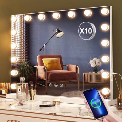 [Essential For Holidays]21.7 X 27.6 Inch Modern Illuminated Makeup Mirror, 17 Adjustable Light Bulbs, 3 Color Lighting Modes, USB Interface, Touch Control, 10x Magnification, Suitable For Women And Girls, Desktop Or Wall-Mounted Installation, Room Decoration.