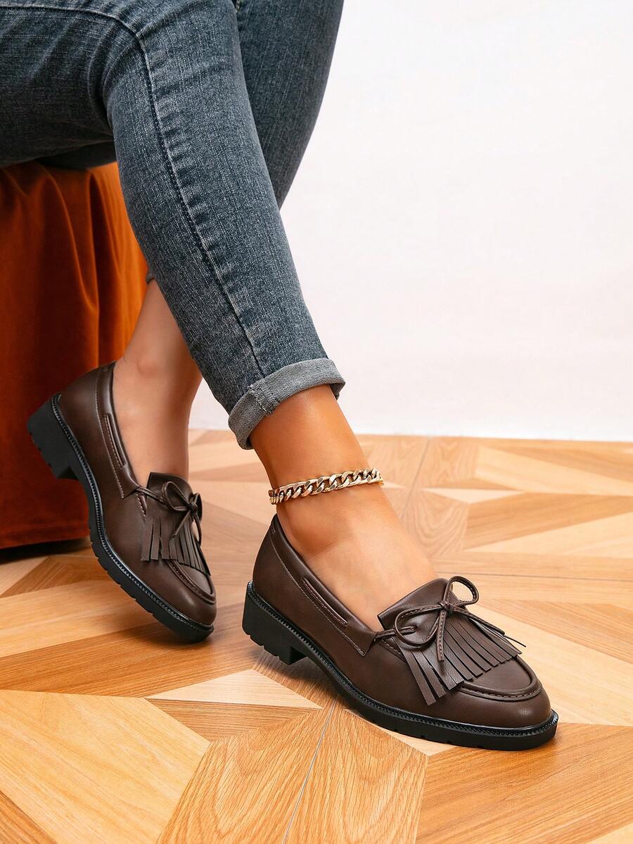Women's Loafers, Round Toe Tassel Flat Shoes, Outdoor Retro Women's Shoes, Casual College Style Shoes - Bronze - View 1