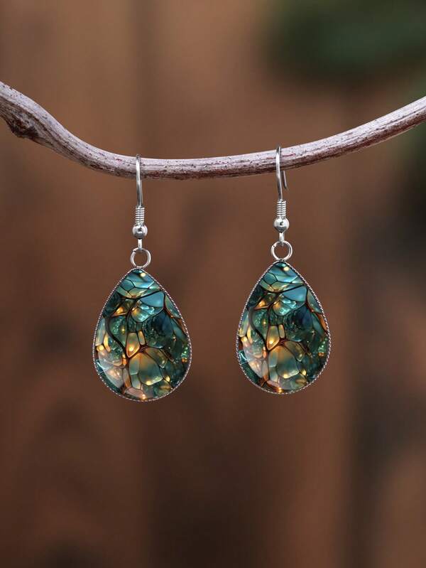 1 Pair Asymmetrical Glass Pattern Paired With 316 Stainless Steel Teardrop Earrings, Vintage Minimalist Style Suitable For Women's Daily Wear And Gifting, Elegant Minimalist Jewelry Earrings Suitable For Women's Daily And Holiday Wear