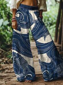 Boho Wave & Koi Fish Print Wide-Leg Pants: 100% Polyester With All-Over Abstract Flowing Design For Casual Resort Wear, Garden Gatherings And Artistic Daily Style For Women. - Màu sắc hỗn hợp - Xem 2