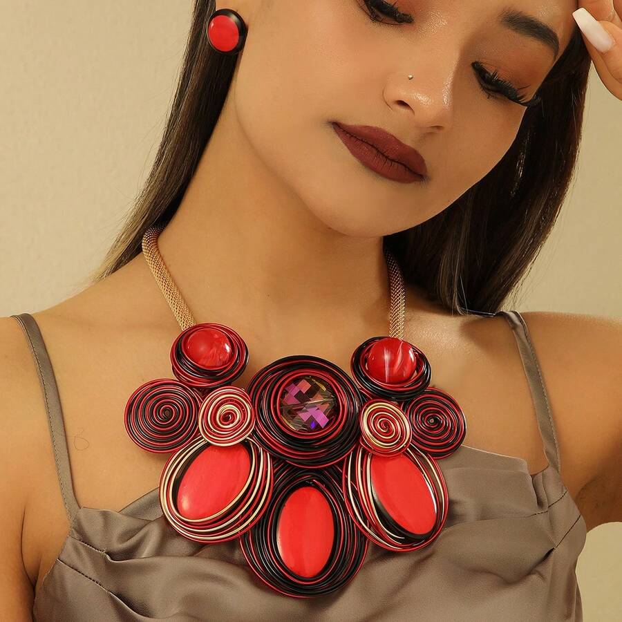 夸张多层手工编织重铝丝树脂链波西米亚欧美中东韩版晚宴派对假日女士时尚精美复古水滴项链耳环 - 紅色 - 查看 1