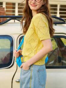 心形镂空针织女式衬衫，时尚独特短袖上衣，百搭（随机波点印花）夏季 - 黃色 - 查看 4