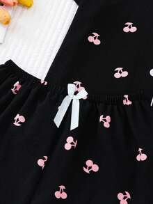 2pcs Plus Size Comfortable Cute Cherry Print Women Summer Polo Collar Button-Up Top And Bow Shorts Pajama Set, Suitable For Home Use - Black - View 6