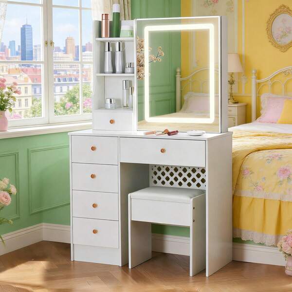 Modern Makeup Vanity Table Set With LED Mirror 6 Drawers Stool Dressing Table-Touch Control Mirror, Ideal For Organizing Makeup, Skincare. Compact Vanity Furniture Fits Bedroom, Serves As Decor, Gift, Perfect Gift For Women