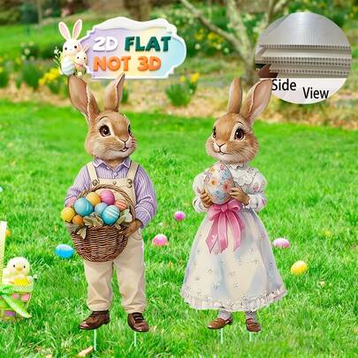 2pcs Easter Outdoor Decor Set, Large Vintage Rabbit And Eggs, Farmhouse Style Lawn Decorations, Suitable For Spring, Home Garden Parties