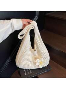One Shoulder Woven Bag, New Vacation Casual Beach Bag, Crochet Woven Tote Handbag, Back To School Student Project Bag, Valentine's Day, Valentine Gift - Màu be - Xem 3