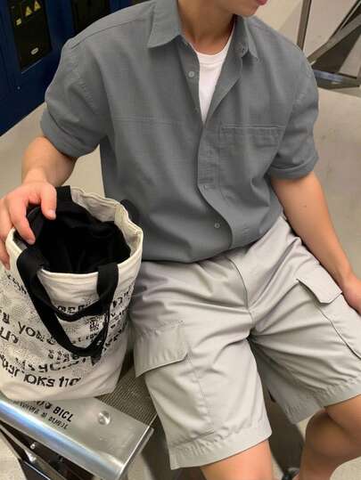 男士休闲工装短裤，直筒裤型，松紧腰带，宽松版型，纯色，大口袋，夏季款