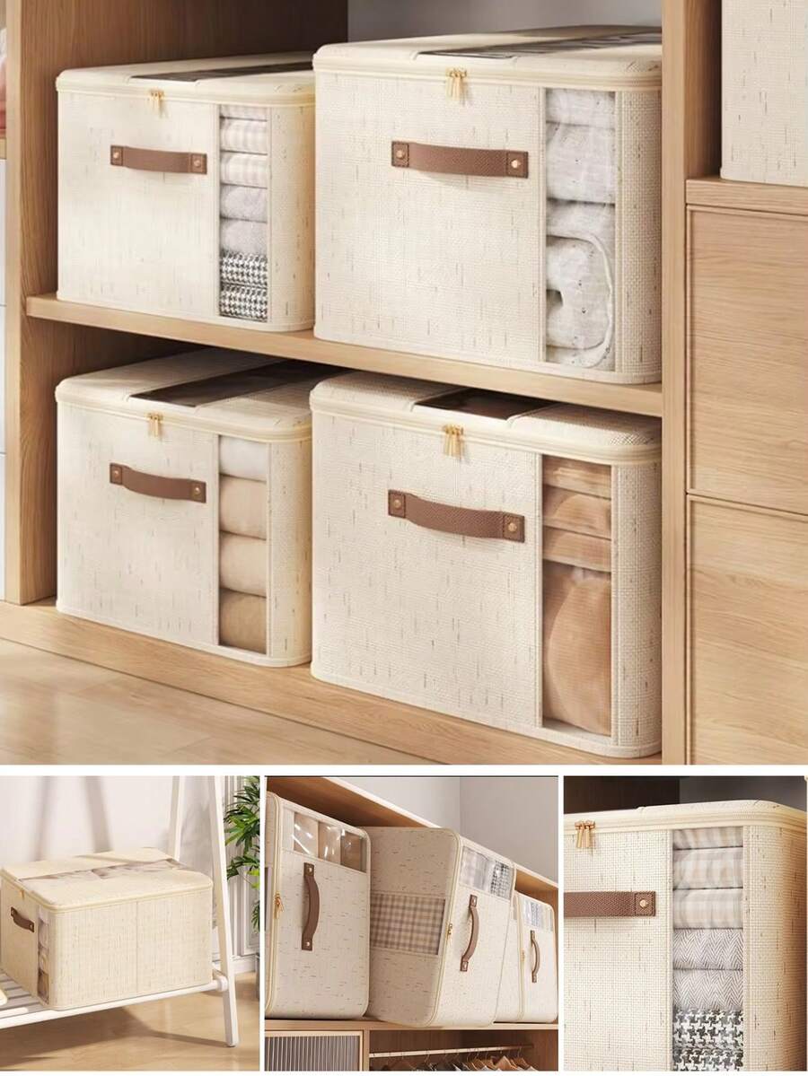 1pc Cotton Quilt Storage Box, Large Zipper Linen Dual Window Organizer Box, New Design - Multicolor - View 1