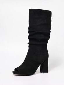 黑色褶皱露趾中筒靴，高跟，圆头，百搭，优雅，欧美风格，时尚，透气，适合办公室、通勤、日常穿着，春夏女士凉靴 - 黑色 - 查看 5