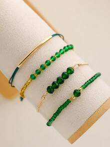 4件套手工绿色水晶串珠手链套装，女士度假派对珠宝礼品 - 綠色 - 查看 2