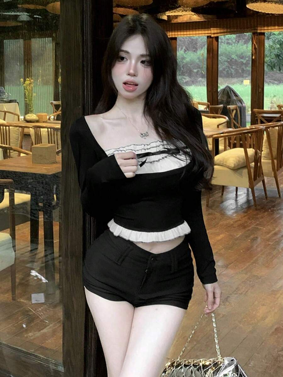 女士系带二合一长袖T恤，荷叶边方领修身时尚短款上衣 - 純黑 - 查看 1