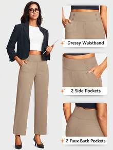 29" Women's Dressy Work Pants High Waist Pull On Wide Leg Slacks Trousers For Women Business Casual - 卡其色 - 查看 4