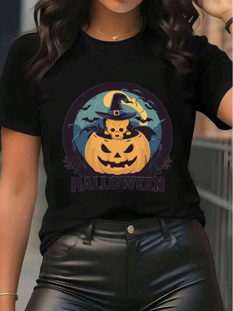 Women's Halloween Graphic Tee Pumpkin Skull Witch Hat Print Short Sleeve Round Neck Casual T-Shirt  Holiday Party Loose Fit Top - 黑色 - 查看 1