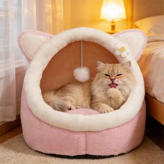 Hollypet 1ชิ้น รังแมวรูปสุนัขจิ้งจอกสีชมพู, แผ่นรองถอดออกได้ระบายอากาศ, เตียงกระต่ายบาง, อุปกรณ์สัตว์เลี้ยงขนาดเล็ก, เตียงแมวในร่มเหมาะสำหรับแมวและกระต่ายขนาดเล็ก, ทุกฤดูกาล