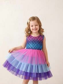 Young Girl Mermaid Sleeveless Vest Net Yarn Spliced Dress, Summer Gradient Color Princess Cake Dress - Purple - View 8