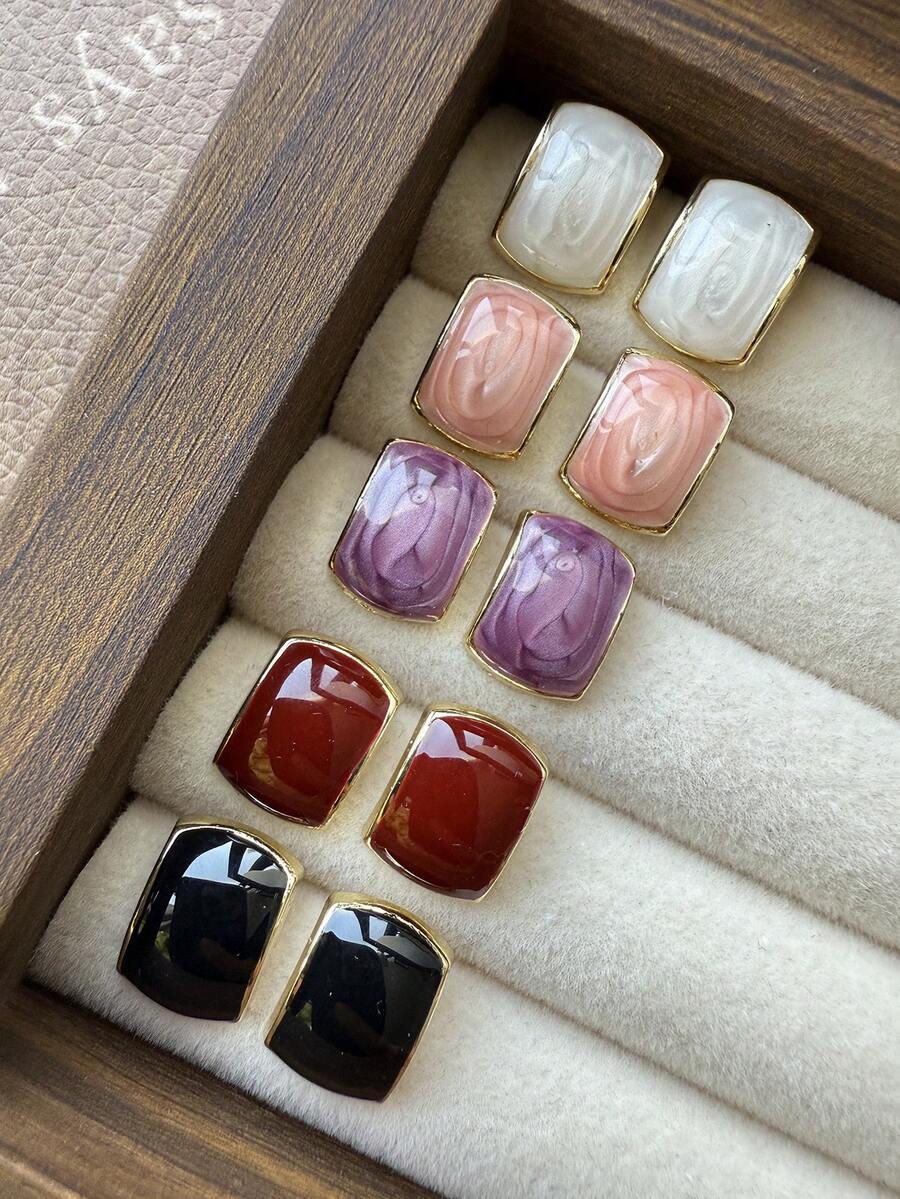 5 Pairs Vintage French Style Minimalist Enamel Geometric Stud Earrings, Pink, White, Black, Red, Purple, Elegant Design, Suitable For Women's Daily And Holiday Wear - Set a - View 1