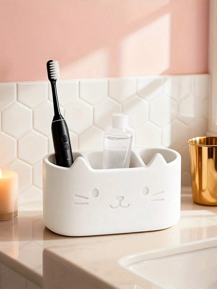 三格猫咪牙刷架，带沥水功能的浴室牙膏及洗漱用品收纳架，适用于台面 - 白色 - 查看 1