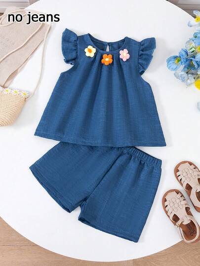 2pcs Young Girl Fashionable Casual Denim-Like Floral Print Crew Neck Top With Puff Sleeves & Elastic Waist Sports Shorts Set, Suitable For Daily, Home, Outdoor Wear, Spring/Summer