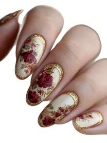 Monina 24片复古玫瑰杏仁形假指甲，古典油画风格花卉设计，搭配优雅的黄色边缘，精致美观的美甲艺术必备单品，魅力女性美甲用品 - 彩色 - 查看 5