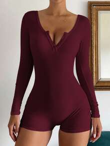 Vaiaye 女士 V 领纽扣纯色简约连体裤 - 修身长袖短款连体裤，适合健身、性感百搭的户外运动、毕业典礼、返校季、秋冬季针织连体裤，春季优雅百搭。 - 紫紅色 - 查看 5