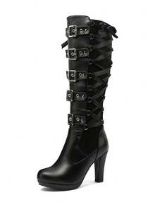 Women Y2K Style Goth Knee High Boots Buckle Lace Block Heel Lace Up Knee Length Boots Back Zip Punk Platform Tall Boots For Wedding Bridal Bridesmaid Dress Party Halloween - 黑色 - 查看 9