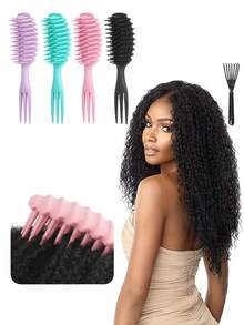 1支4C卷发湿发梳，轻松梳开打结的头发，三齿设计减少拉扯和毛躁，拉伸并增强卷度，适合浓密卷发，男女通用造型工具 - 彩色 - 查看 2