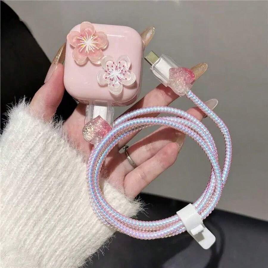 櫻花風格充電器與線材保護套組,耐用 Apple 40W 充電線保護殼,防斷裂線材收納器,相容 Apple 17/16/15/13/14 手機充電器 - 彩色 - 查看 1