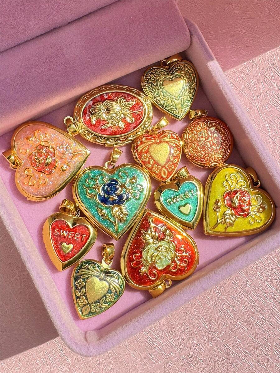 Collar con colgante de foto de flor en forma de corazón de gota de aceite vintage romántico, colgante de foto abierto en tono dorado, regalo de San Valentín, aniversario o cumpleaños (caja de joyería no incluida, color aleatorio, la ligera diferencia de color es normal)