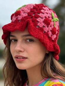 1顶手工草莓樱桃针织渔夫帽，情人节礼物，Y2K复古风手工针织帽，适合休闲波西米亚街头风，颜色随机 - 手工多色 - 查看 2